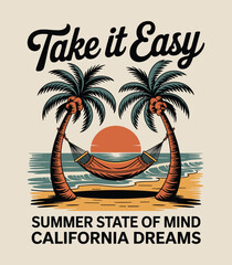 Retro Beach Summer Graphic: Palm Trees, Hammock, Sunset. California Dreams t shirt design