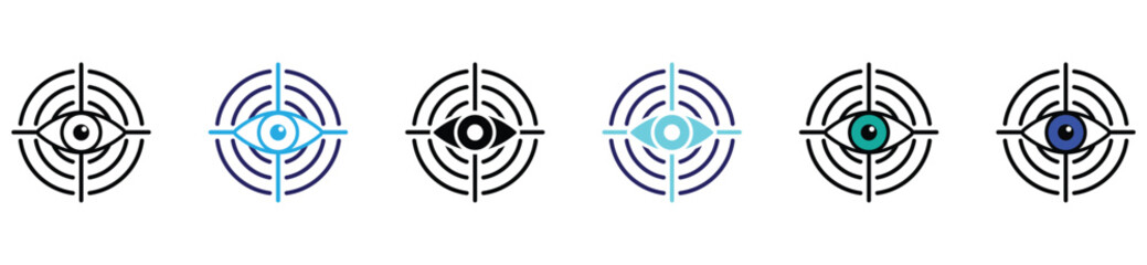 Target and Accuracy Eye Icons Set. Vision Focus and Precision Symbols in Multiple Colours