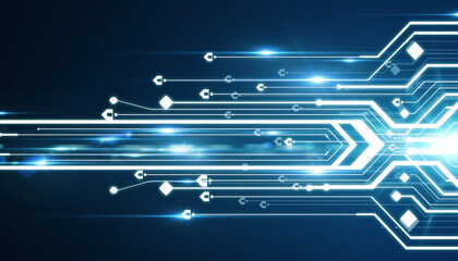 Futuristic Hexagonal Technology Network on Dark Blue Background with 3D Geometric Shapes, Digital Lines, and Abstract Data Connections