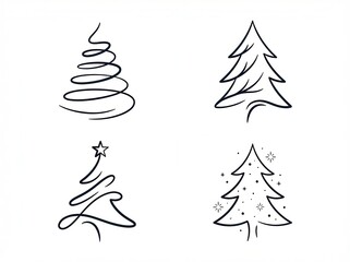 A set of four distinct minimalist black line drawings illustrating various abstract christmas trees in a simple and elegant hand-drawn sketch style, isolated on a clean white background.