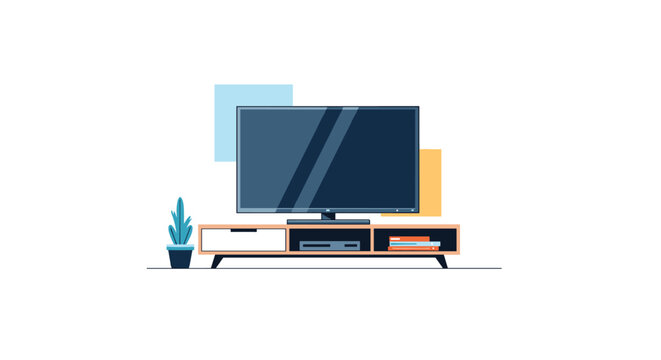 Modern flat-screen television set on a stylish media console with a decorative plant and books, symbolizing contemporary home entertainment.