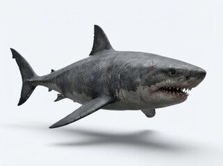 Naklejka premium A photorealistic 3d render captures a powerful great white shark dynamically swimming, its sharp teeth visible, creating a fierce, monochromatic visual isolated against a clean white background.