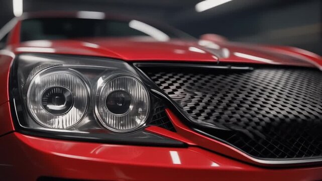 Shiny red classic sports car's chrome headlight detail on the front bumper