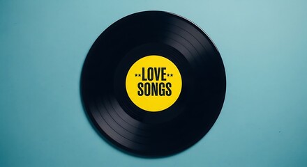 Vinyl record with yellow love songs label rests on a vibrant teal background surface