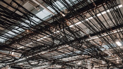 Ceiling with numerous tangled black cables and pipes in an industrial or technical setting. Infrastructure and wiring setup. The concept of complex electrical and communication wiring systems.