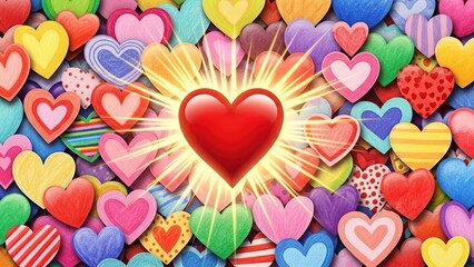 Shining 3D red heart with sunburst effect surrounded by a vibrant collage of multicolored hand-drawn hearts for romantic backgrounds and love concepts
