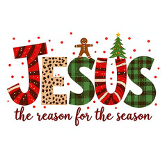 Festive christmas design featuring the word jesus with patterns a gingerbread man and a decorated tree