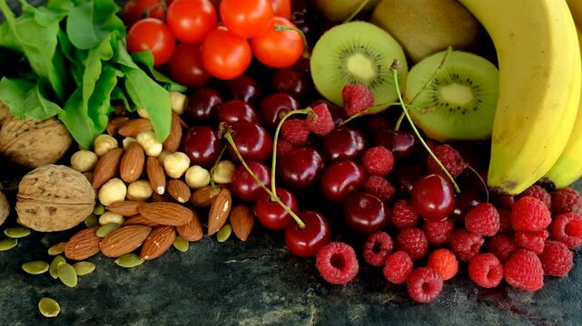 Foods containing melatonin on a beautiful background. Selective focus.