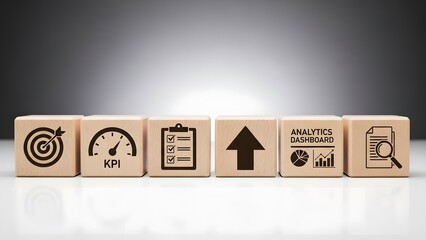 Wooden blocks displaying business performance metrics like kpi target checklist growth analytics dashboard and research concepts against a dark background