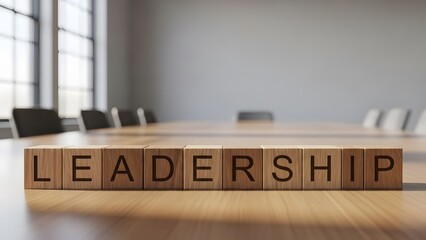 Wooden alphabet blocks spelling the word leadership rest upon a polished conference table in a bright modern boardroom setting emphasizing corporate direction