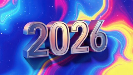 3D chrome numbers "2026" floating over vibrant, swirling abstract liquid background with bokeh effects, representing the future.