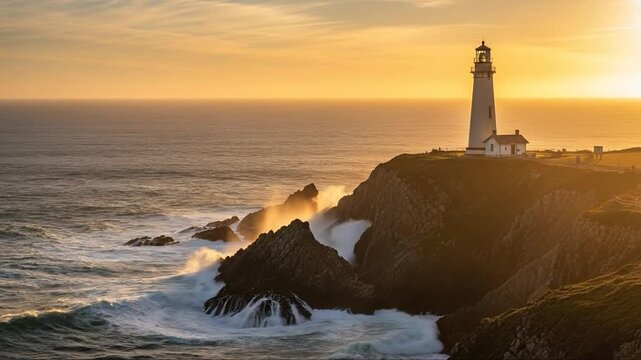 Sunset Light Illuminates Rocky Coastline and Towering Lighthouse Scene