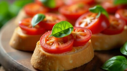 Video Fresh tomatoes and bread on a wooden cutting board, perfect for a quick snack or appetizer