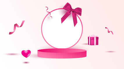 A minimalist $\text{3D}$ product display on a soft pink gradient background, featuring a glossy round frame atop a cylindrical magenta podium. A glowing pink heart and a small gift box create an elega