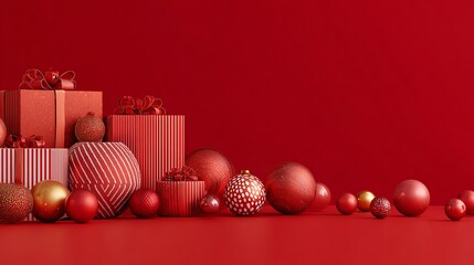 Red and gold christmas ornaments and gift boxes composition on vibrant red background