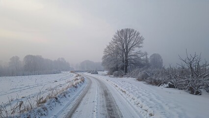 Obraz premium Snowy landscape with a dirt road, trees, and a cloudy sky, capturing a winter scene.