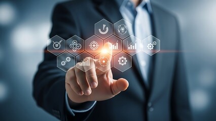 Businessman interacting with futuristic digital interface in a professional setting with technology and innovation