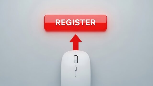 Computer mouse points toward a glossy red button labeled register against a clean light gray background - Powered by Adobe