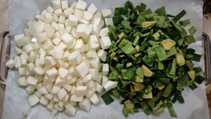 Chopped white onions and green leeks or spring onions prepared on a tray for cooking.