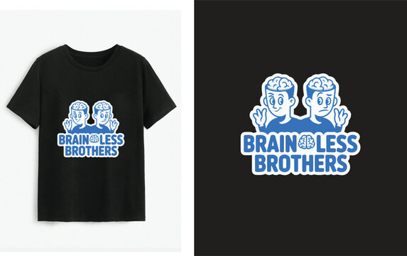 A black t-shirt featuring the humorous "brainless brothers" graphic design with two cartoon characters