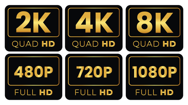 Set of Video Resolution Tags - 2K, 4K, 8K, Quad HD, Full HD Icons vector