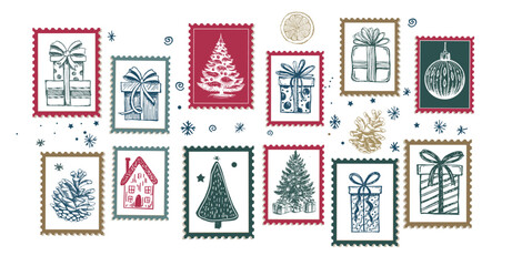 Christmas stamps, hand drawn illustrations.	
