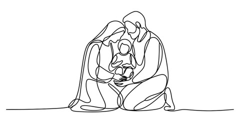 Minimalist one-line art illustration of a happy family, father, mother, and child together Vector, illustration