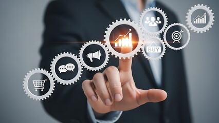 Businessman interacting with digital interface icons for marketing finance and technology