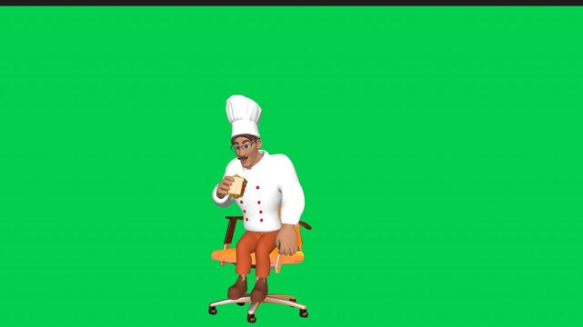 3D animation chef character eating pizza, burger and zoom motion poses on green screen background. ideal for culinary branding, restaurant promos, explainer videos, and social media content