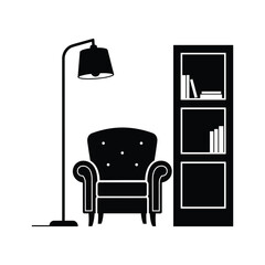 Cozy reading nook with chair and bookshelf © viduking