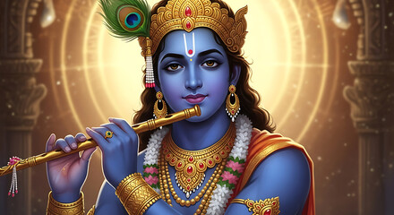 Blue skinned deity Krishna playing golden flute with peacock feather