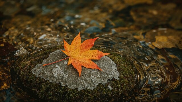 A fallen orange maple leaf resting on a gray rock in a stream with flowing water during autumn.
