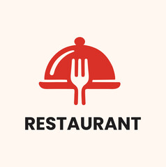Minimalist red logo featuring a fork on a covered restaurant serving platter.