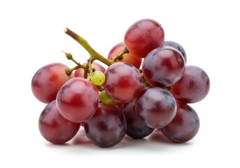 Fototapeta premium Cluster of ripe red grapes with small unripe berries attached to the stem against a white background