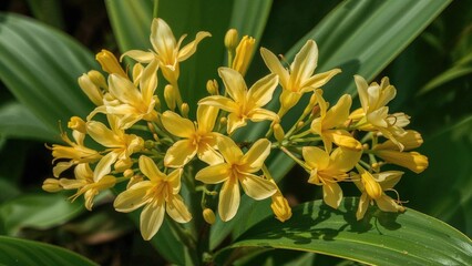 Yellow flowers blooming amidst green leaves.