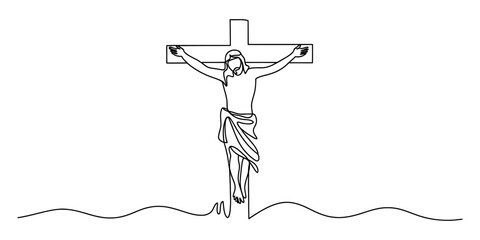 Continuous line drawing of jesus christ on the cross, symbolizing sacrifice and faith Vector, illustration