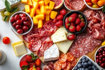 Wooden board with assorted meats, cheeses, fruits, and herbs, showcasing a variety of flavors and textures