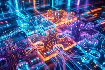 Obraz premium Concept business success background challenge glowing circuit puzzle pieces connected by neon wiring symbolizing teamwork innovation and overcoming Concept of challenge or career path and change
