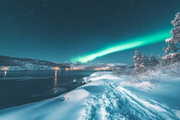 Snowy landscape with aurora borealis reflecting on icy lake, surrounded by illuminated town