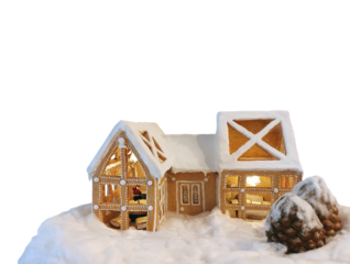 Gingerbread house wallpaper, miniature, tiny homes, isolated. Christmas card, home comfort concept, Thanksgiving. Food art, interior design, house construction, real estate, dream home concept. PNG
