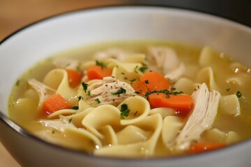 Detailed view of chicken noodle soup showcasing tender meat and pasta