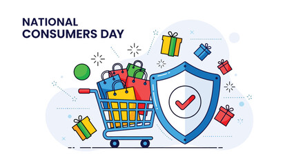 Illustration of national consumers day shopping cart with shield and gifts