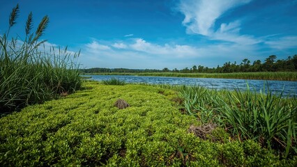 Lush green plants by the river in a natural landscape with clear skies and water, peaceful environment, and vegetation.