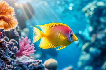 Yellow angelfish gliding through colorful coral reef in clear blue water