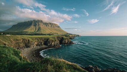 Scenic coastal landscape with mountain, cliffs, and ocean under partly cloudy sky. Nature and scenery, landscape, travel. The scenery of coastal cliffs and mountain terrain.