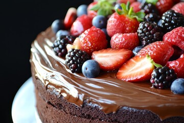 Chocolate cake topped with glossy ganache and an assortment of fresh berries, including strawberries, blueberries, and blackberries