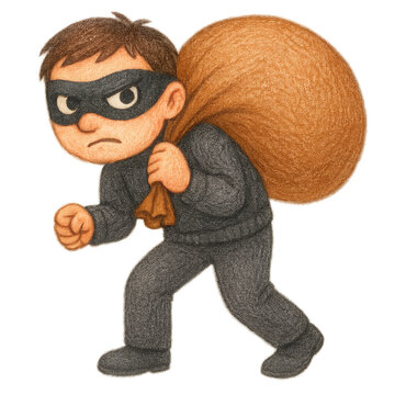 Pencil-style illustration of a masked thief carrying a large sack on a transparent background. Ideal for educational materials, safety lessons, storybooks, and creative projects