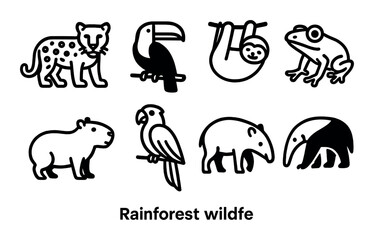 Fototapeta premium Rainforest wildlife icons: jaguar, toucan, sloth, frog, capybara, parrot, tapir, anteater