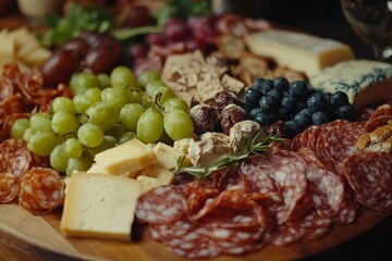 Wooden board with an assortment of cheeses, cured meats, grapes, and crackers, showcasing gourmet appetizers