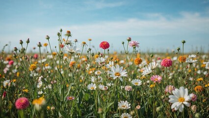 Obraz premium Colorful wildflowers in a meadow under a blue sky with clouds, vibrant and lively, capturing the essence of a blooming field.